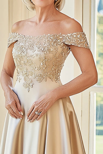 Elegant Champagne Off the Shoulder A-linje matt sateng lang mor til bruden med broderi